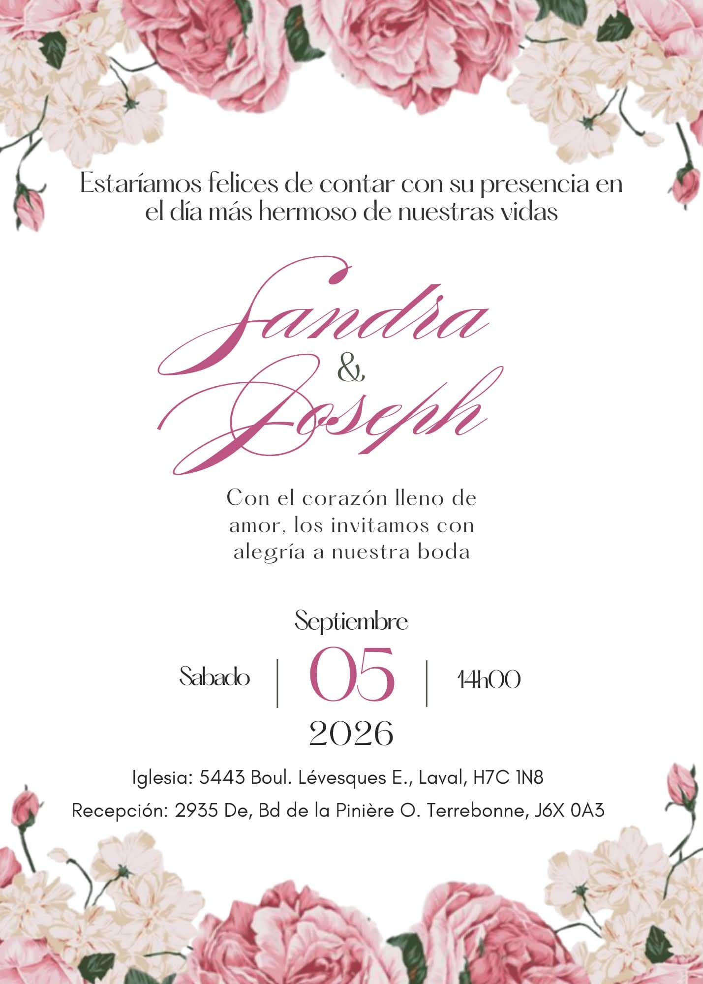 Invitación oficial de la boda de Sandra y Joseph en español