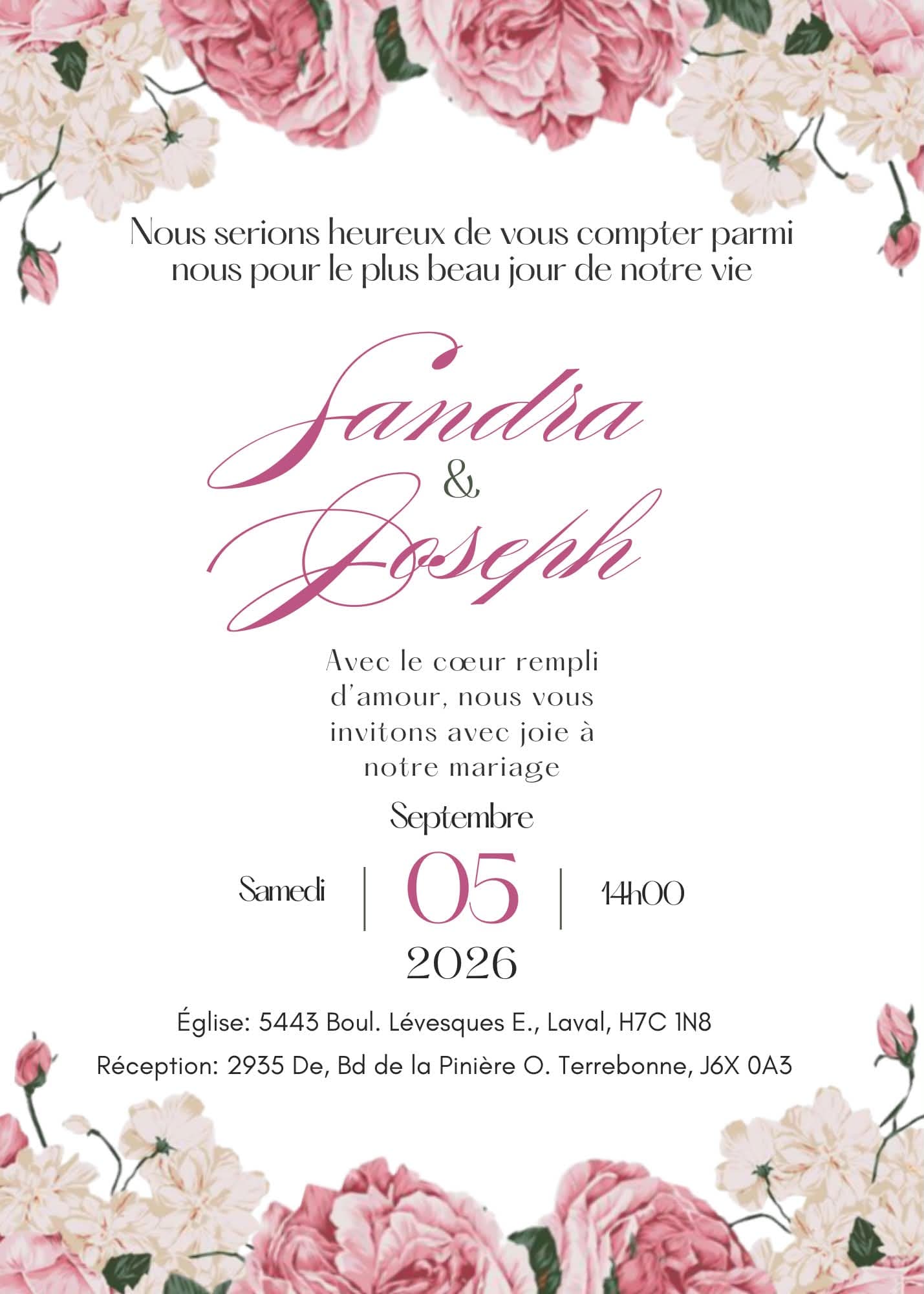 Invitation officielle du mariage de Sandra et Joseph en français